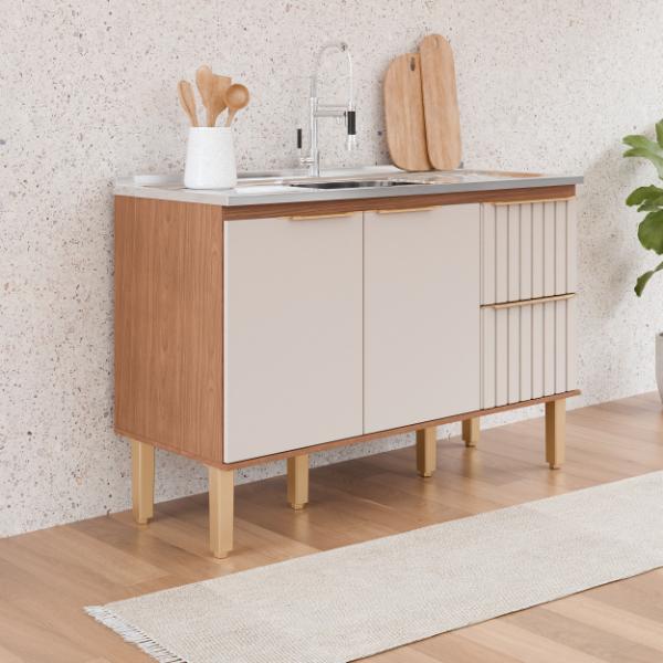 Balcão Cozinha para Pia de 1,20m Ágata Freijó/OffWhite MGM Móveis