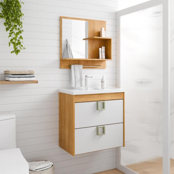 Gabinete para Banheiro Lírio 59x56cm Cinamomo/Branco com Espelheira – MGM Móveis