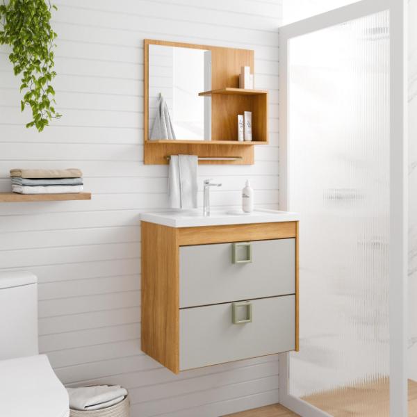 Gabinete para Banheiro Lírio 59x56cm Cinamomo/Off White com Espelheira – MGM Móveis